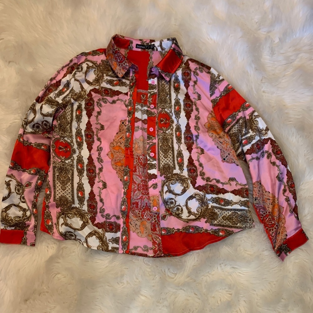 Printed satin button down
